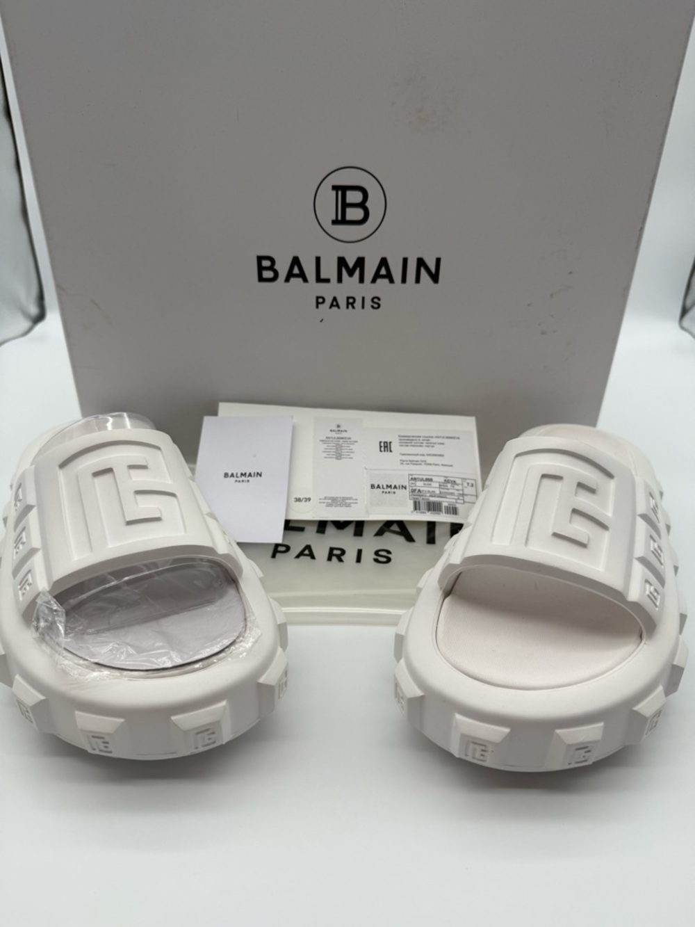 Balmain Paris B-IT Slides / Sandals — White | Size 38/39 NWT